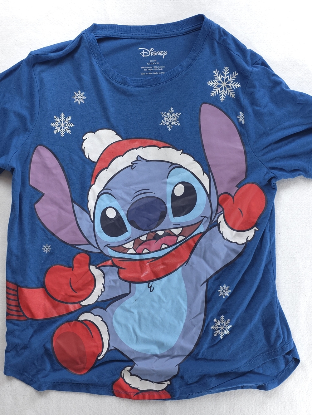 Disney Stitch Christmas T-Shirt XXL – Santa Snowflake Graphic Tee – Blue Womens